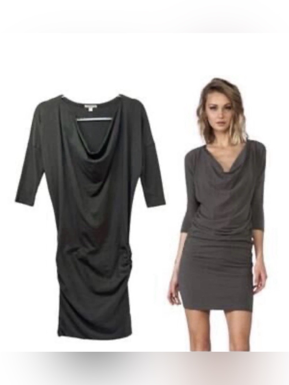 James Perse Standard Cowl Neck Dress Charcoal 3 Lg Dolman Sleeve 90’s Minimalism